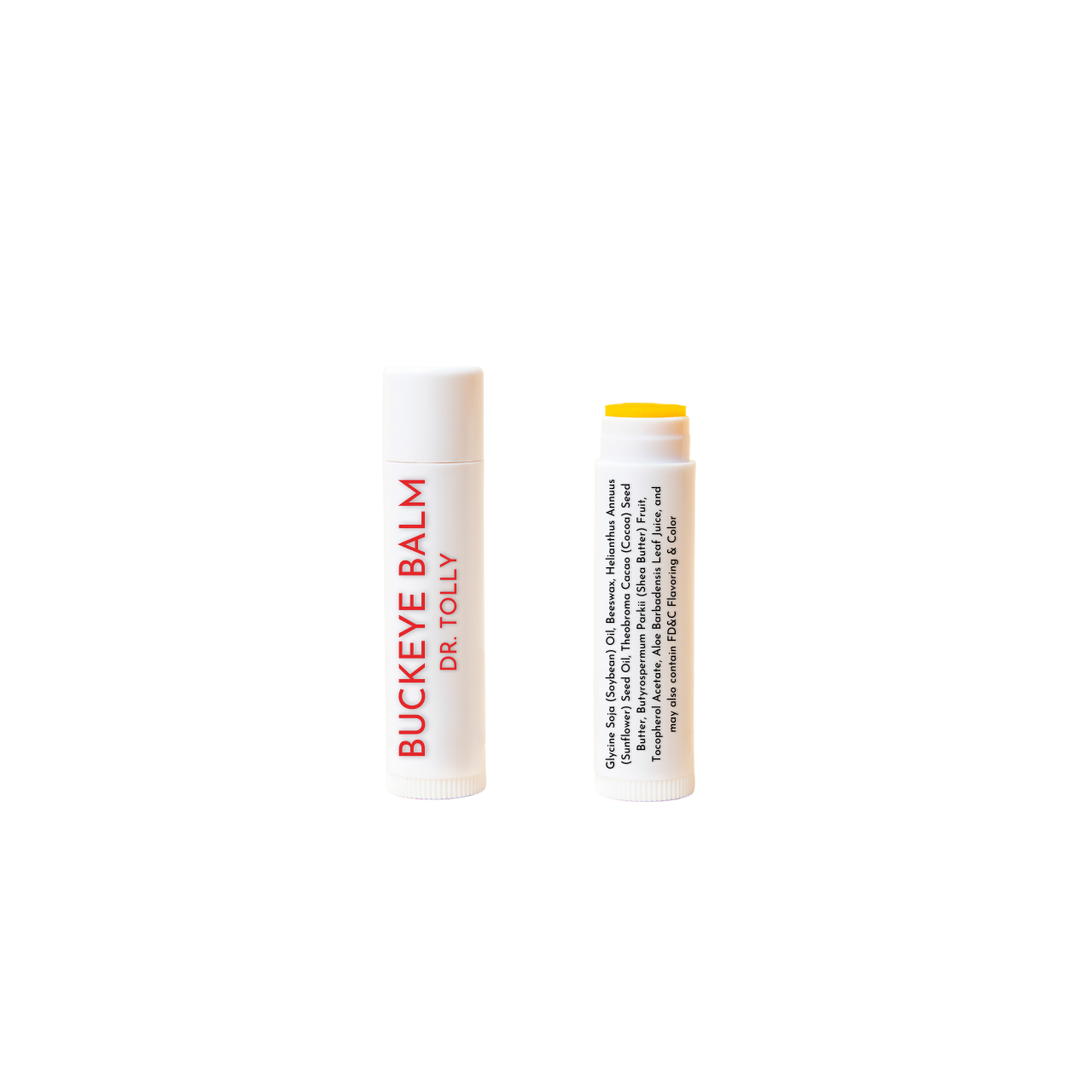 DR. TOLLY Buckeye Balm lip balm white tubes with red lettering on one tube and black lettering on the second tube with ingredients