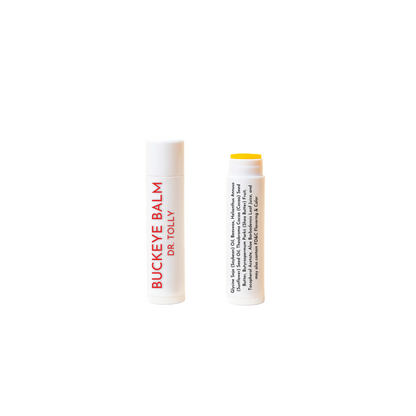 DR. TOLLY Buckeye Balm lip balm white tubes with red lettering on one tube and black lettering on the second tube with ingredients