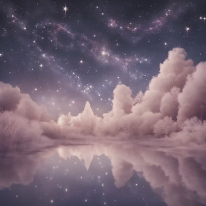 Dreamscape with pink galaxy stars and cloud-like trees surrounding a mirror lake